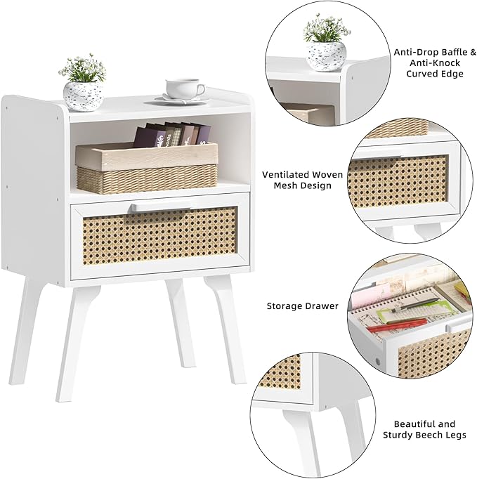 Lerliuo Rattan Nightstands Set of 2, Bedside Table with Drawer Open Shelf, Ca...
