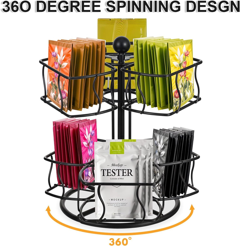 Lemecima Tea Bag Organizer, 360 Degree Tea Spining Carousel with 6 Compartments, Sugar Coffee Creamer Caddy for Kitchen Counter Cabinet , Up to 60 Storage