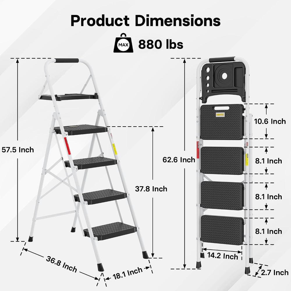 BONTEC 4-Step Ladder, Folding Step Stool, 880lbs Max Load, White