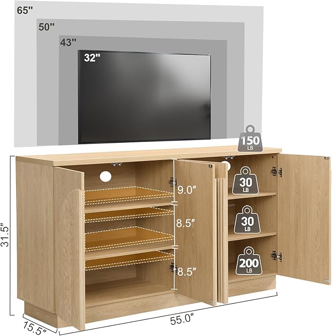 Yechen Fluted TV Stand with Arched Reeded Design Doors, Modern Entertainment Center with Storage for Up to 65 Inch, TV Media Console, TV Cabinet for Living Room, Bedroom/Natutal Oak(1 PCS)