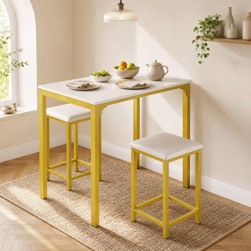 COSTWAY Dining Table Set, Counter Height Table & 2 Upholstered Stools