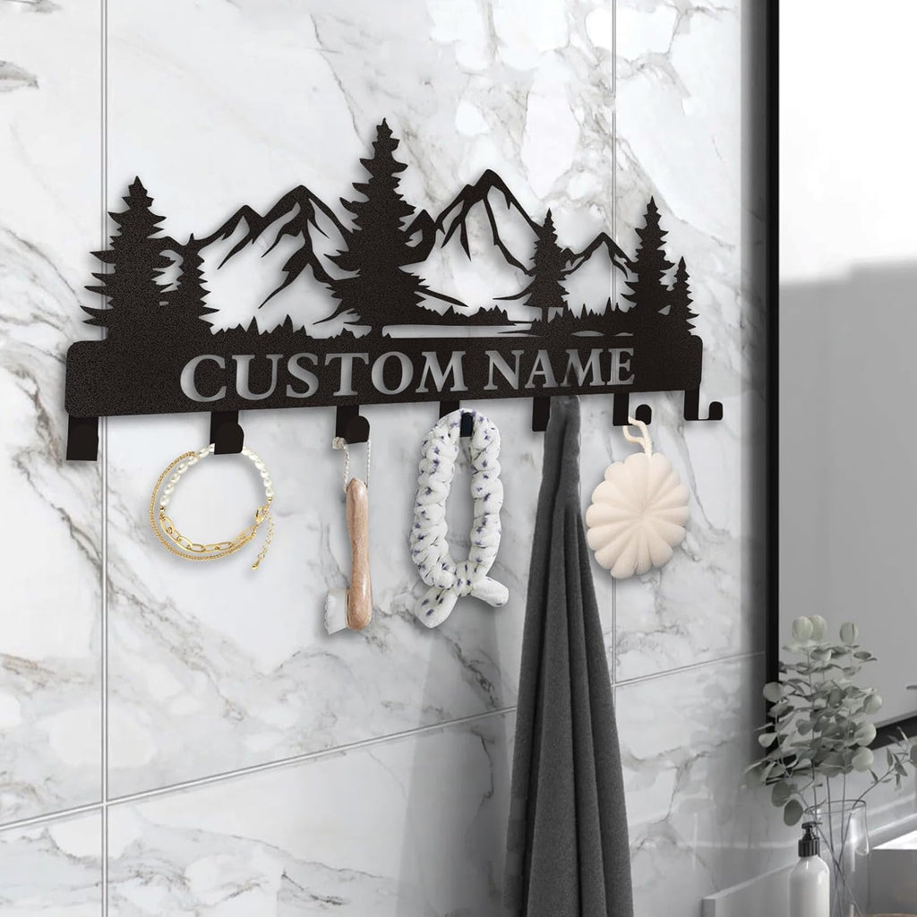 Personalized Custom Mountain Theme Key Holder with Name, Metal Wall Mount, Coat Rack, Key Hooks, Home Decor Gift