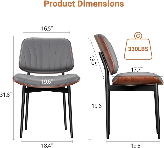 Dining Chairs Set of 8, Dining Room and Kitchen Chairs, Mid Century Modern Accent Chair, Upholstered PU Leather Chairs for Vanity with Walnut Bentwood and Metal Legs, Gray