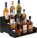 Mufico Bamboo Liquor Bottle Display Shelf with Handles & Guardrail, Black | 3 Step Tabletop Liquor Wine Racks, Coffee Syrup Rack for Mini Bar, Kitchen, Home Retro, Liquor Cabinet, Office, Spirits