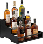 Mufico Bamboo Liquor Bottle Display Shelf with Handles & Guardrail, Black | 3 Step Tabletop Liquor Wine Racks, Coffee Syrup Rack for Mini Bar, Kitchen, Home Retro, Liquor Cabinet, Office, Spirits