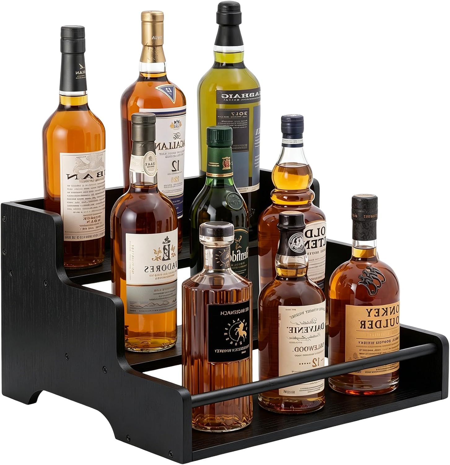 Mufico Bamboo Liquor Bottle Display Shelf with Handles & Guardrail, Black | 3 Step Tabletop Liquor Wine Racks, Coffee Syrup Rack for Mini Bar, Kitchen, Home Retro, Liquor Cabinet, Office, Spirits