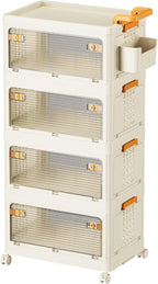 58 QT Storage Bins with Lids, Stackable Rolling Storage Cart with Clear Doors, 4 Tier Storage Cart on Wheels, Plastic Storage Containers for Home, Office, Kitchen, Bedroom, White