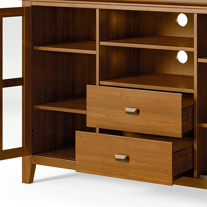 SIMPLIHOME Artisan TV Stand - 53 inch Wide Solid Wood Tall Media Console in Honey Brown, Contemporary Entertainment Center for Living Room for TVs up to 60 Inches with Drawers and Cable Management