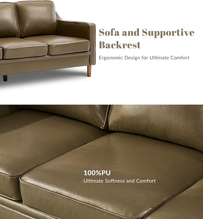 Kingfun 80" Faux Leather Sofa, 3 Seater Couch, Mid Century Modern Couches with Solid Wood Legs for Living Room & Bedroom, Olive Green