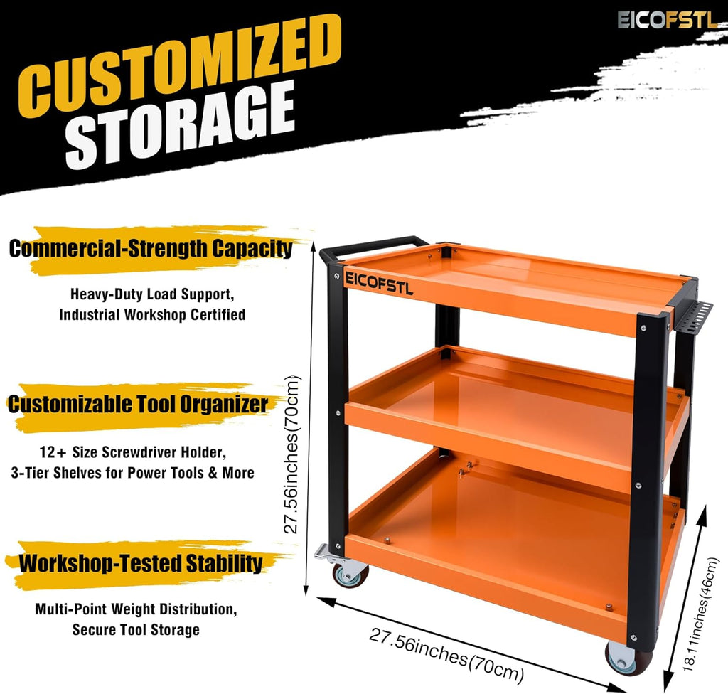 Stainless Steel Tool Cart, Heavy-Duty 3-Tier Alloy Steel Utility Cart with Screwdriver Holder & 4 Wheels (2 Locking Casters), 500LB Capacity for Garage, Workshop Tool Storage