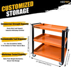 Stainless Steel Tool Cart, Heavy-Duty 3-Tier Alloy Steel Utility Cart with Screwdriver Holder & 4 Wheels (2 Locking Casters), 500LB Capacity for Garage, Workshop Tool Storage