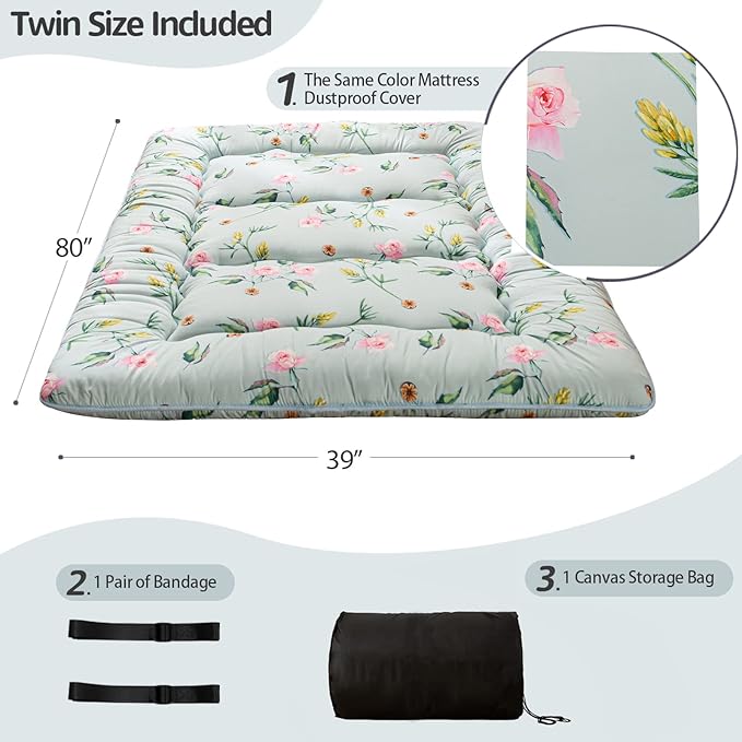 MAXYOYO Japanese Floor Mattress Futon Mattress, 4" Thicken Tatami Mat Sleeping Pad Foldable Roll Up Mat Boys Girls Dormitory Pad Kids Floor Lounger Pillow Bed, Charcoal Grey, Queen Size
