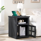 Farmhouse Nightstand with Charging Station, Rustic End Table with Tempered Glass Barn Door, Wood Sofa Side Bedside Table with Open Storage Shelf for Living Room, Bedroom (Black)