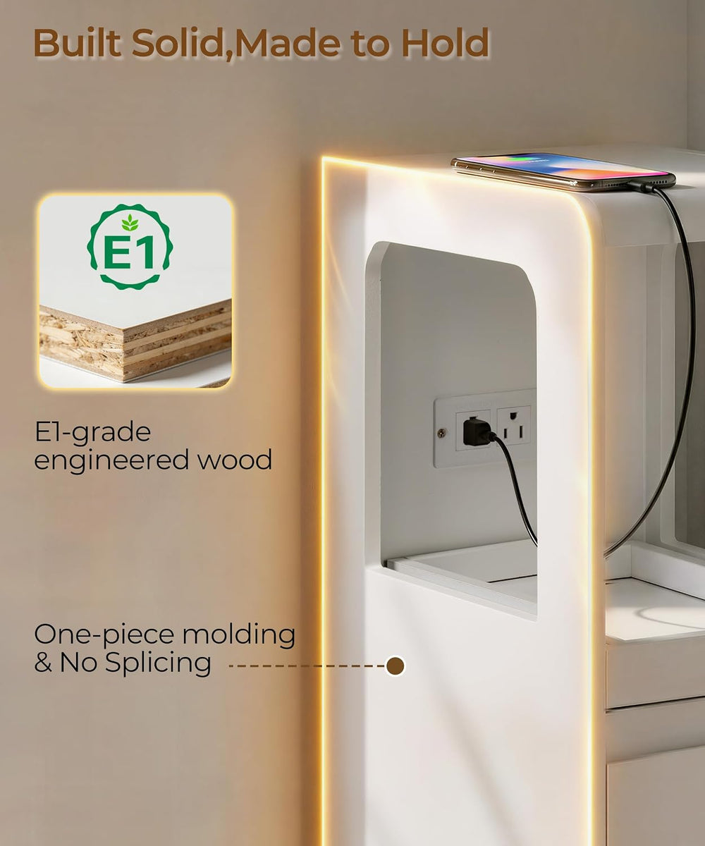 Narrow Side Table Small End Table with Charging Station White Skinny End Tabl...