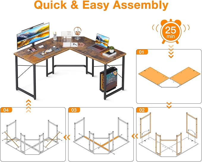 Casaottima L Shaped Gaming Desk, Corner Gaming Table for Home Office, Computer Desk Sturdy Writing Workstation for Small Space, Easy to Assemble, 51 inch, Rustic Brown