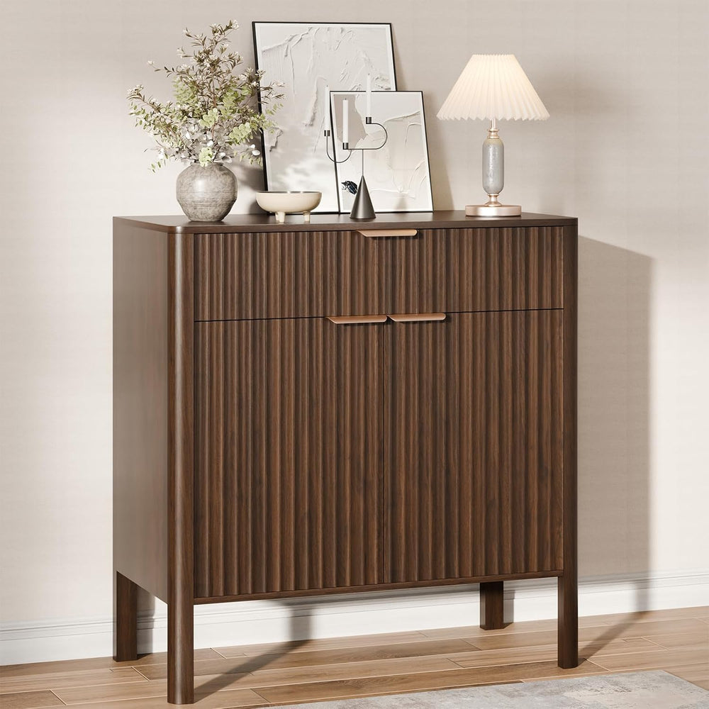 Fluted Buffet Cabinet with Storage - Modern Sideboard Accent Credenza with Do...