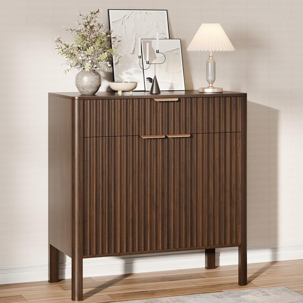 Fluted Buffet Cabinet Accent with Doors & Drawer 31" Walnut | Anti-t...