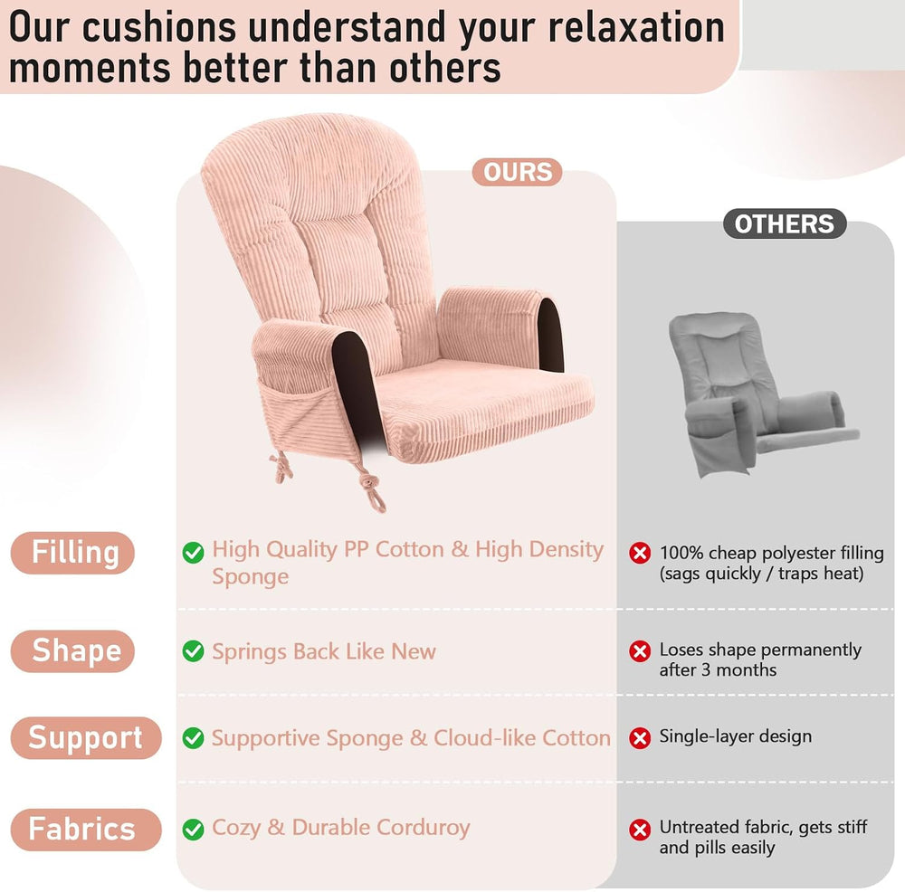 5PCS Glider Rocker Replacement Cushions with Storage Side Pockets, Pink