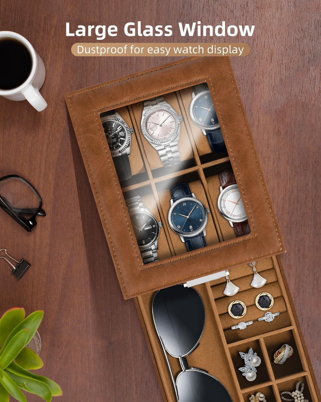 Uten 6-Slot Watch Box, 2-Layers PU Leather Watch Case with Glass Lid, Watch Holder Organizer with Soft Pillow and Velvet Lining, Watch and Jewelry Storage Box, Brown