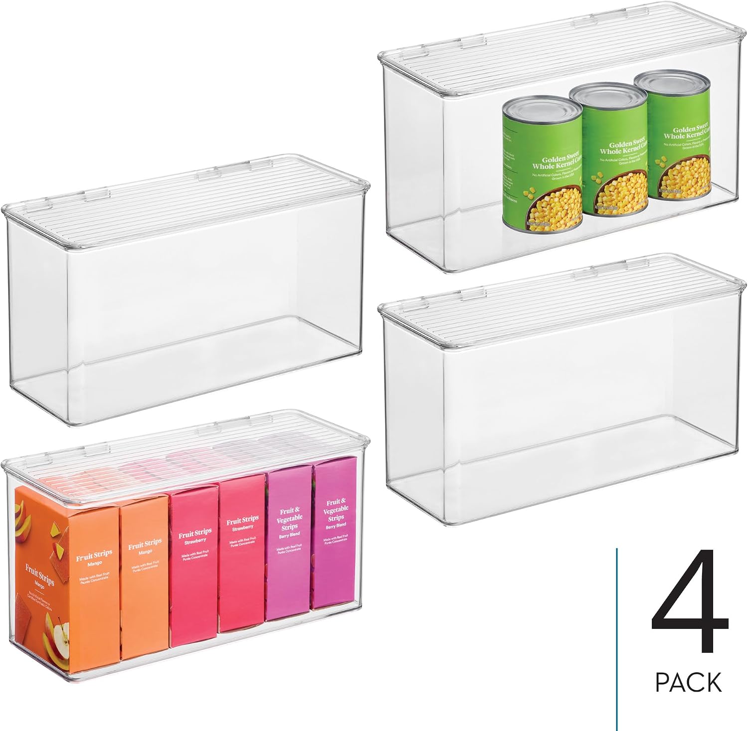 iDesign Plastic Stackable Hinged-Lid Storage Box - Set of 4 - Clear | Pantry or Kitchen Use
