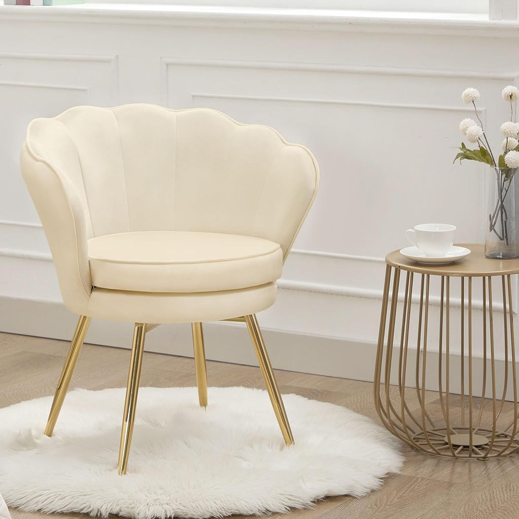 Czlolo Velvet Vanity Chair with Back, Mid-Century Modern Small Accent Chair for Living Room, Golden Metal Legs Upholstered Makeup Chair, 1Pcs Bedroom Armchair, Beige
