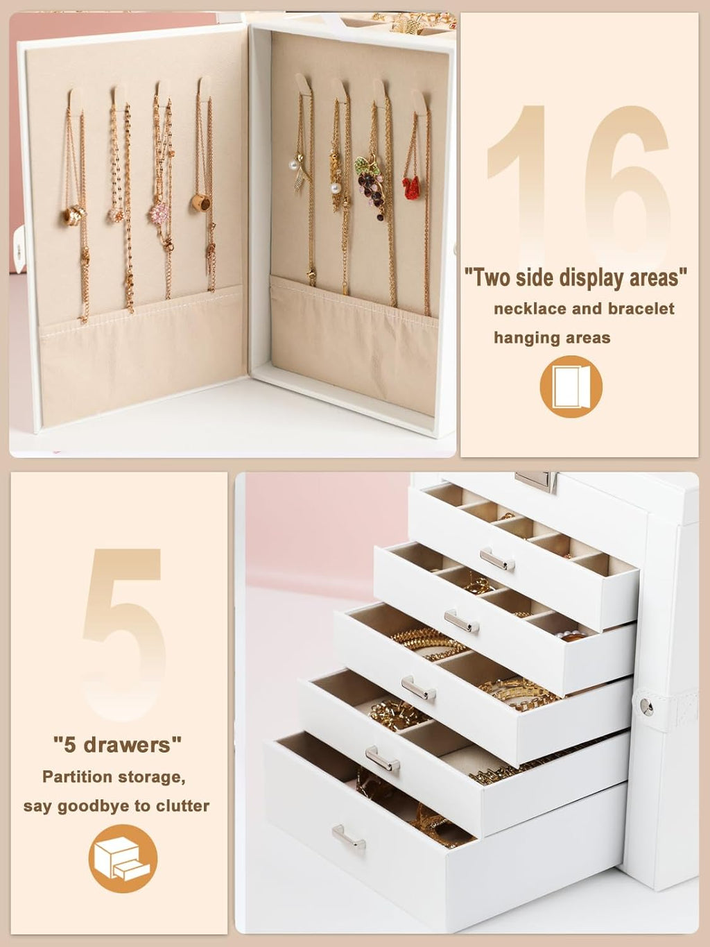 BOOVO Jewelry Box For women, 6 Layer Large Jewelry Organizer With Mirror, Multi-Function Storage Box With Lock, Necklace Holder With 5 Drawers, For Earrings Necklace Bracelet (Silver and White)