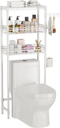 3-Tier Over-The-Toilet Storage Shelf,Heavy-Duty Adjustable Bathroom Rack with 2 Mesh Baskets,Toilet Paper Holder & Hooks,Space-Saving Organizer for Bathroom,10”D x 24”W x 66”H,White