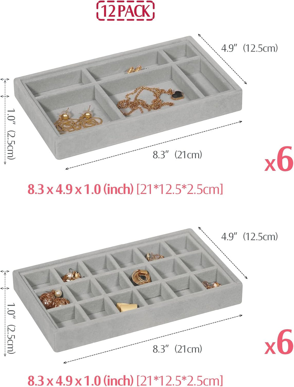 DIOMMELL 12 Pack Stackable Velvet Jewelry Trays Organizer, Jewelry Storage Box Display Trays Showcase Holder Closet Dresser Drawer Organizer for Earring Necklace Bracelet Ring Accessary, Grey