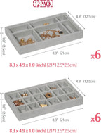 DIOMMELL 12 Pack Stackable Velvet Jewelry Trays Organizer, Jewelry Storage Box Display Trays Showcase Holder Closet Dresser Drawer Organizer for Earring Necklace Bracelet Ring Accessary, Grey
