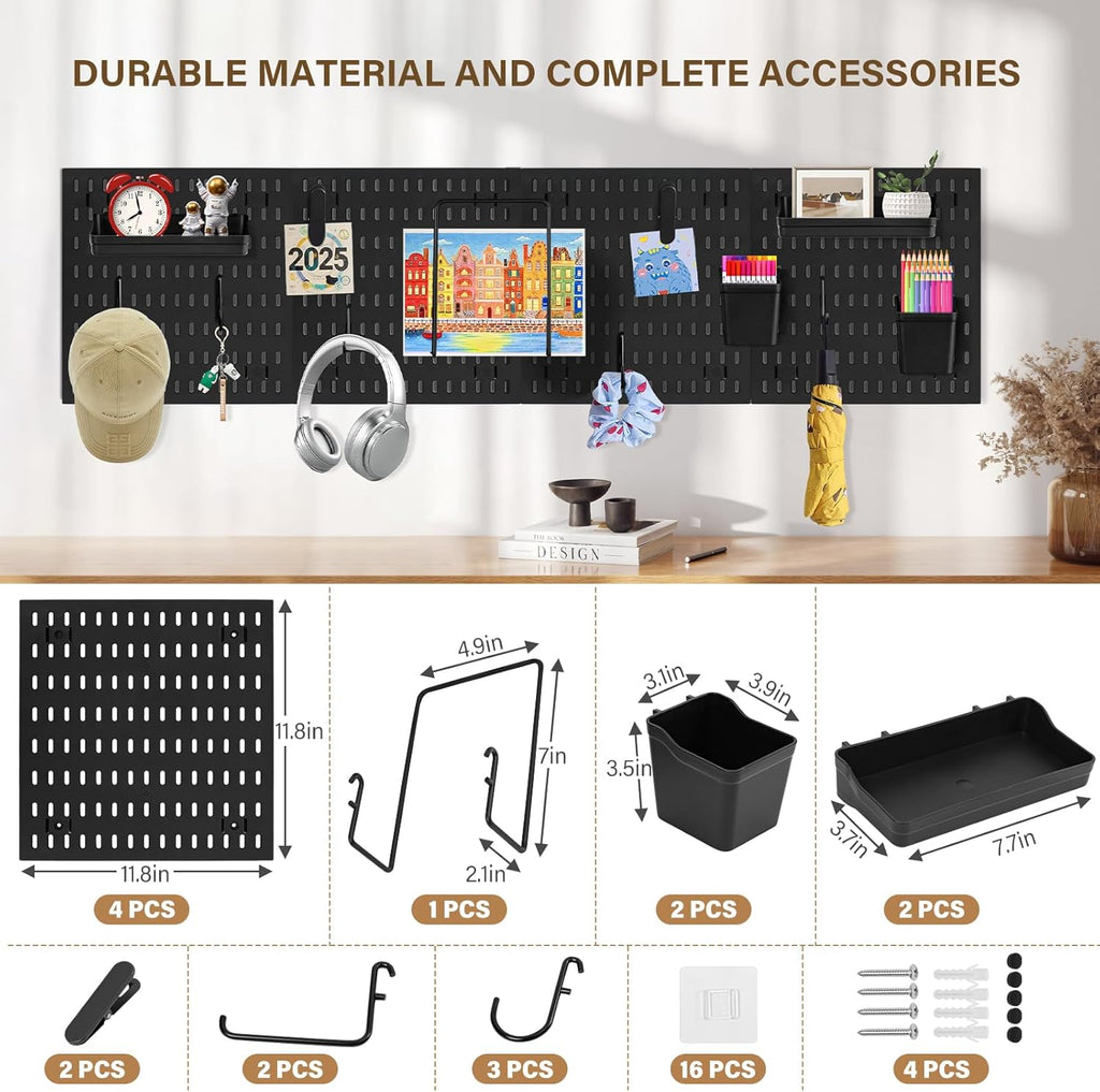 AKTOP Peg Board Wall Organizer 4-Pack – 12"x12" Black Pegboard Combination Kit with 13 Accessories for Wall, Plastic Peg Board Panels for Home, Office, Garage Tool Storage & Craft Room