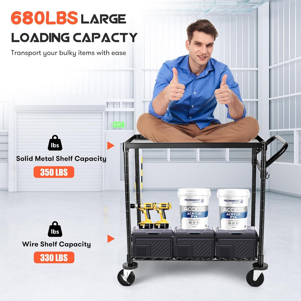 WDT 680Lbs Capacity Heavy Duty Rolling Utility Cart,2 Tier Rolling Carts with Wheels,Commercial Grade Metal Cart with Handle Bar & Shelf Liner,Trolley Serving Cart for Restaurant,Kitchen,Black