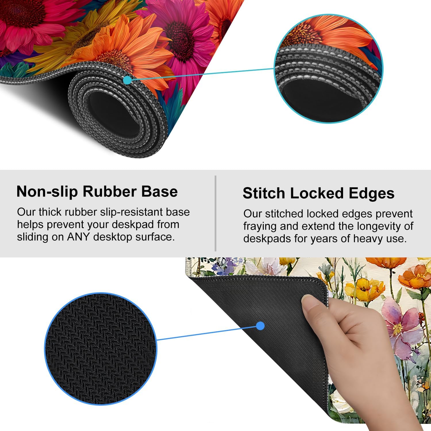 Colorful Floral Mouse Pad – Large Extended Desk Mat 35.43 x 15.75 in – Bright Rainbow Sunflower Design, Non-Slip Rubber Base, Waterproof Surface, Oversized Keyboard & Mouse Pad for Office or Gaming