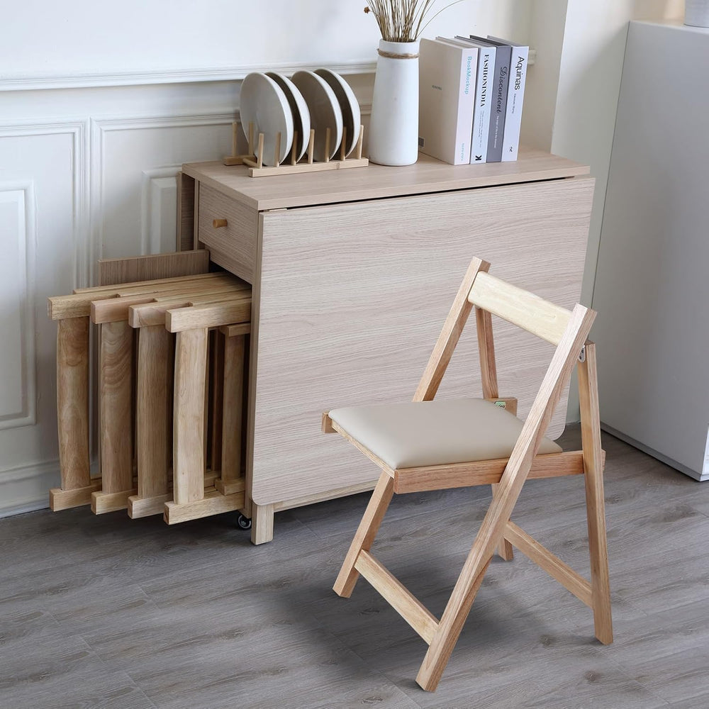 COMUHOME Wood Drop Leaf Folding Dining Table with 2 Drawers and 4 Wheels, Woo...