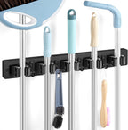 Black Broom Holder Wall Mount - Heavy Duty Wood Mop and Broom Organizer with 5 Slots & 4 Hooks - Sturdy Garden Tool Hanger for Laundry Room Closet Kitchen Garage Storage and Organization