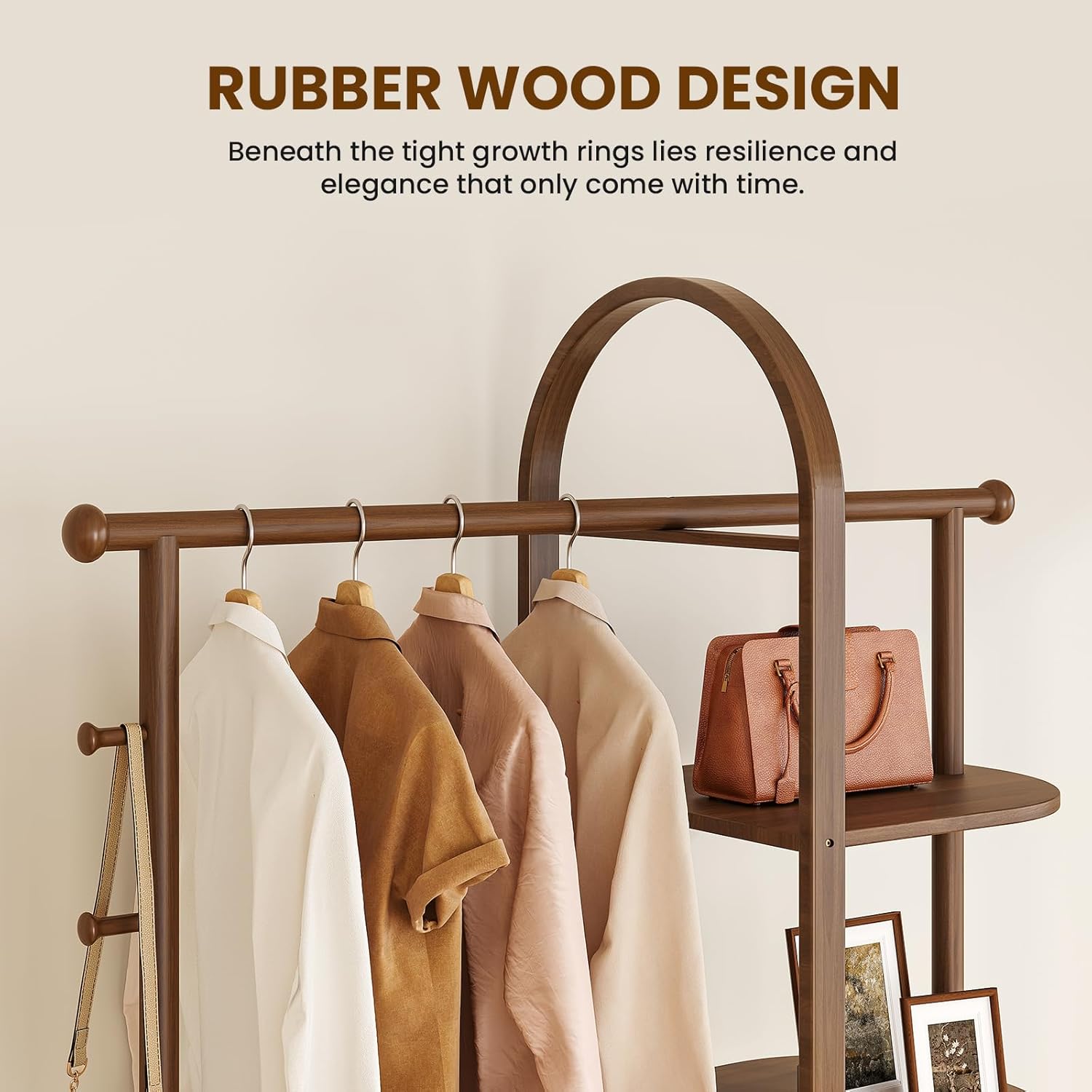 41.3" Wide 3-in-1 Freestanding Clothing Rack, Wooden Coat Rack with 4 Shelves and 5 Hooks, Solid Rubber Wood Coat Rack with Shelves for Entryway, Bedroom, Living Room, Walnut