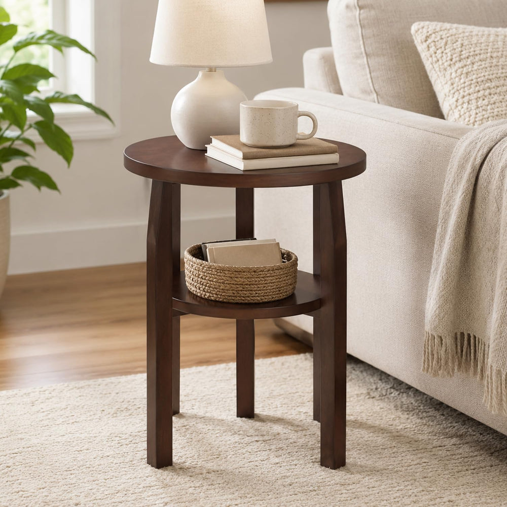 Round End Table, Solid Rubberwood 2-Tier Side Table with Open Storage Shelf, ...