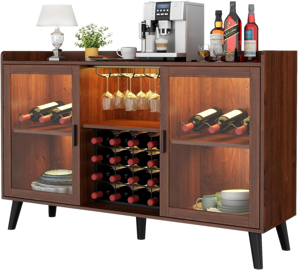 Wine Bar Cabinet with Led Light, Home Coffee Cabinet with Wine & Glass Rack | Kitchen Buffet Sideboard with Storage Shelves, Freestanding Liquor Cabinet for Living Room, Dining Room (Walnut)