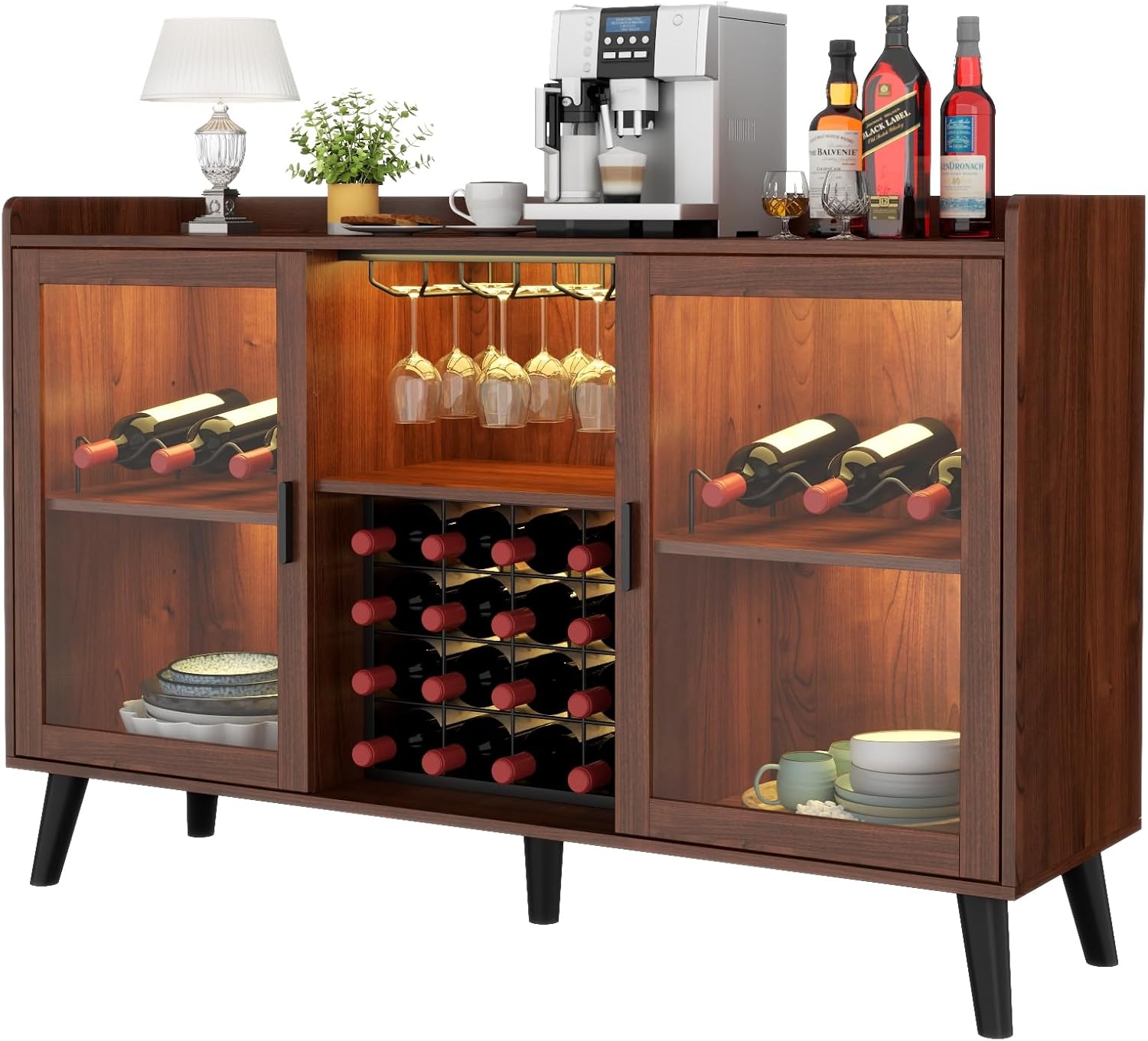 Wine Bar Cabinet with Led Light, Home Coffee Cabinet with Wine & Glass Rack | Kitchen Buffet Sideboard with Storage Shelves, Freestanding Liquor Cabinet for Living Room, Dining Room (Walnut)