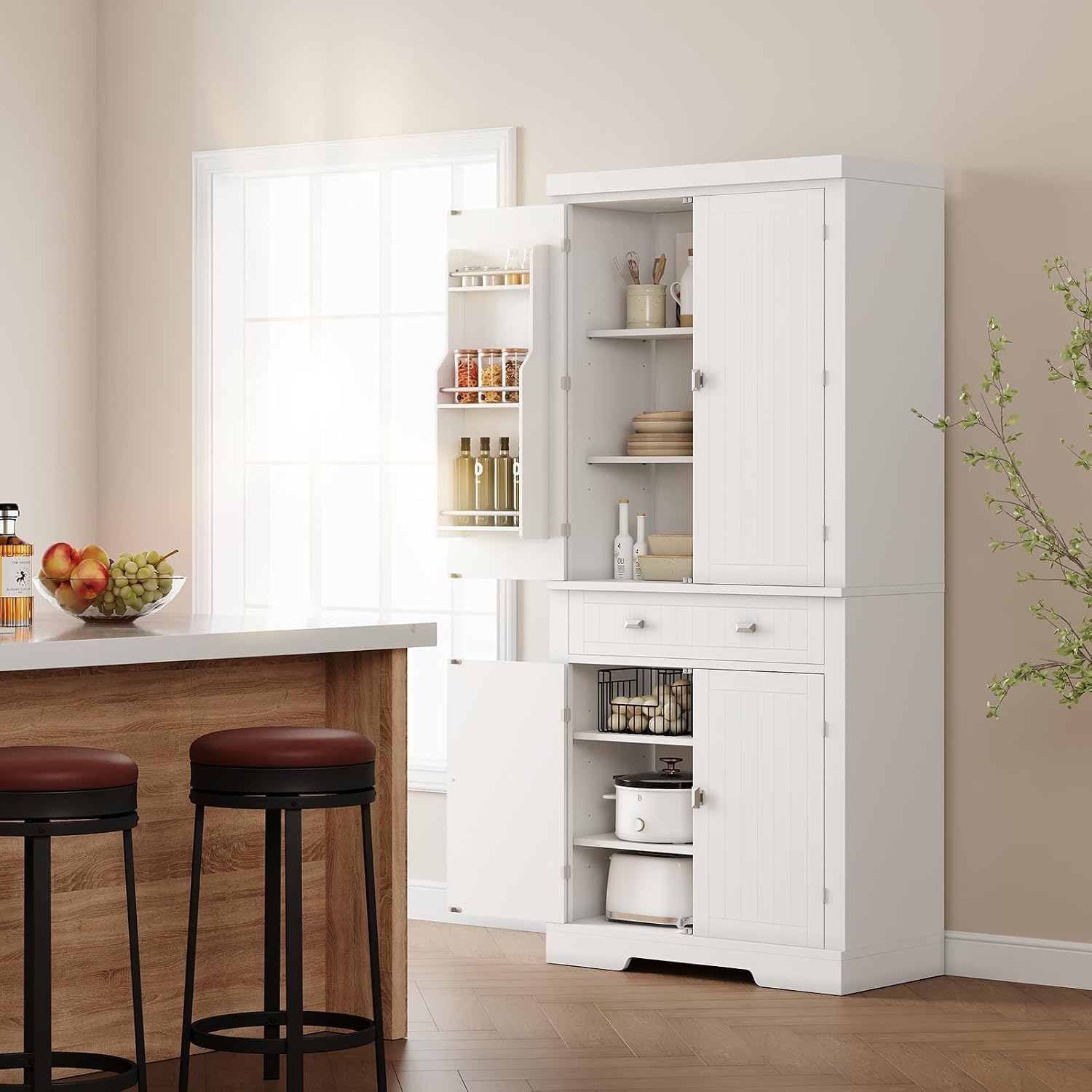 71-Inch Tall Kitchen Storage Cabinet, 2 Large + 1 Drawer + 6 Door Shelves, Pantry Organizer for Food, Utensils & Kitchenware, Storage for Kitchen & Bathroom, White