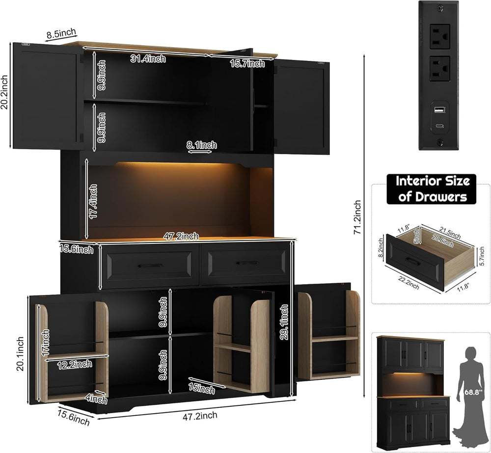71" Tall 47" Wide Large Pantry Storage Cabinet w/ Power Outlet,LED ...