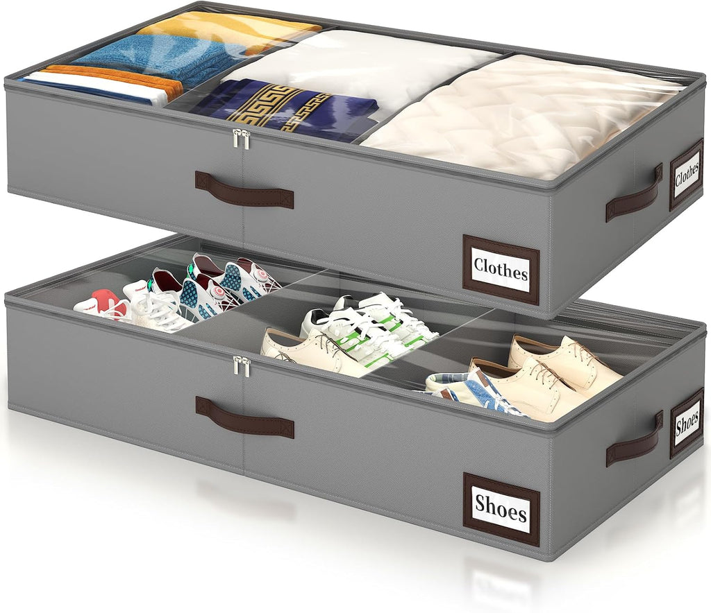 OIAHOMY 2 Pack 53L Under Bed Storage with Adjustable Dividers, 6" Low Profile Underbed Storage Bins for Comforters & Clothes, Save Closet Space with Clear View Lid & Reinforced Handles, Grey