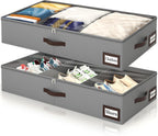 OIAHOMY 2 Pack 53L Under Bed Storage with Adjustable Dividers, 6" Low Profile Underbed Storage Bins for Comforters & Clothes, Save Closet Space with Clear View Lid & Reinforced Handles, Grey