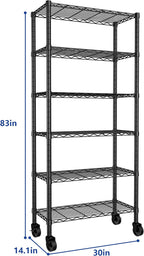 REGILLER 6-Wire Shelving Metal Storage Rack Adjustable Shelves,Standing Storage Shelf Units for Laundry Bathroom Kitchen Pantry Closet(Black,14.1" D x 30" W x 80" H,With Wheels)