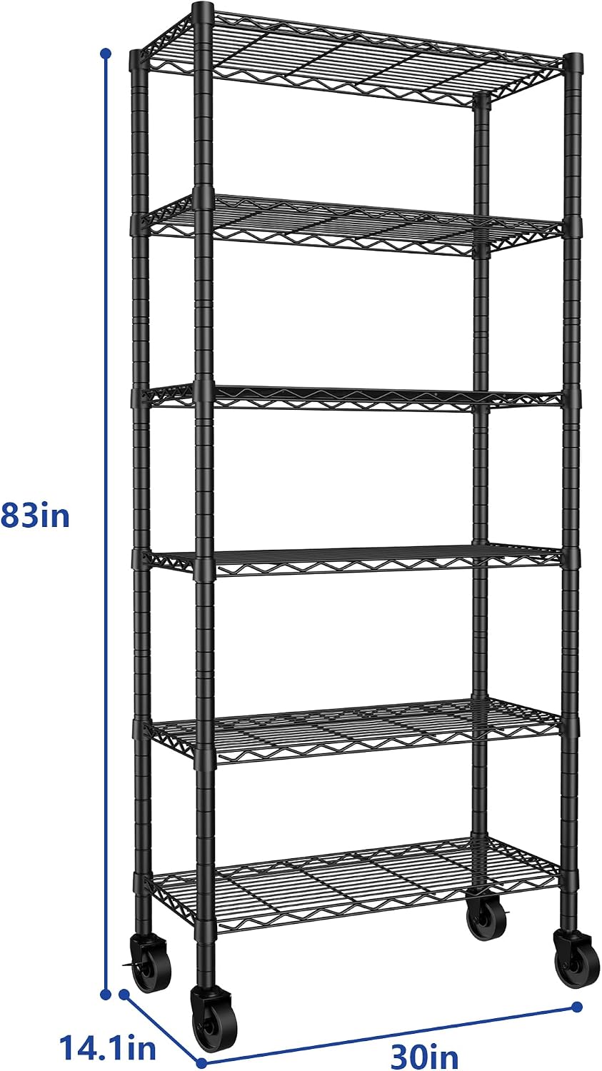 REGILLER 6-Wire Shelving Metal Storage Rack Adjustable Shelves,Standing Storage Shelf Units for Laundry Bathroom Kitchen Pantry Closet(Black,14.1" D x 30" W x 80" H,With Wheels)