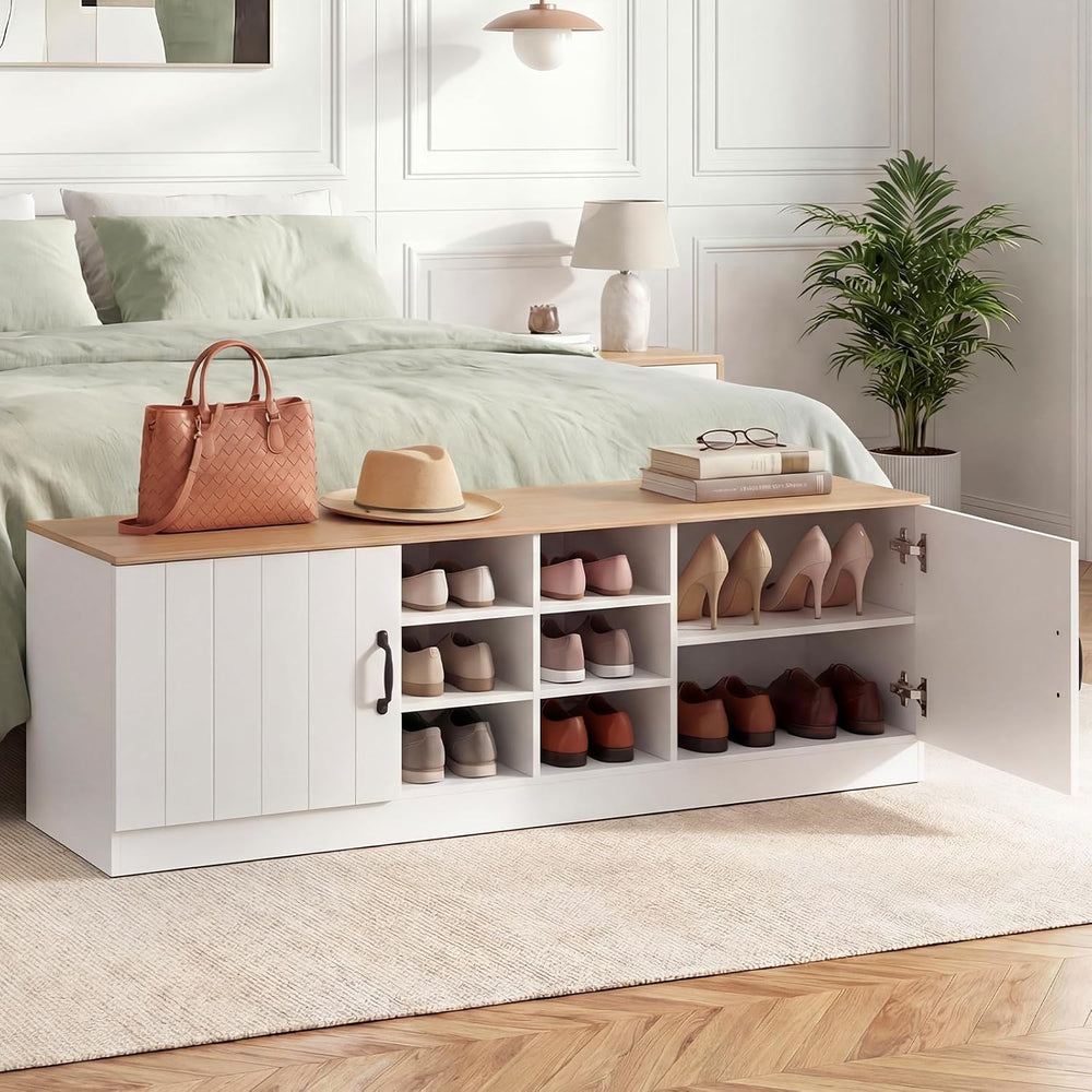 Giantex 2-Door Shoe Storage Bench, Wooden Entryway Bench with Storage, Adjust...