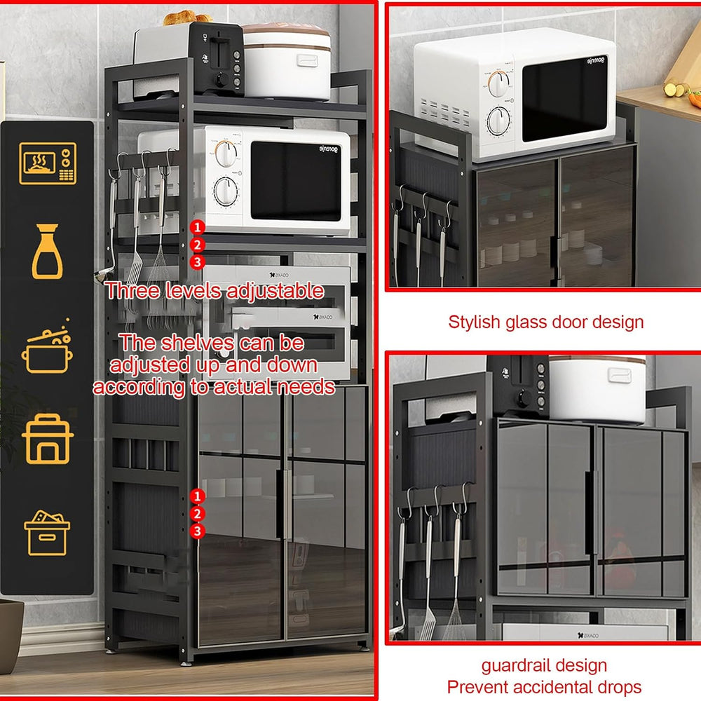 Kitchen Storage Cabinet with Adjustable Shelves Glass Door and Microw Stand F...