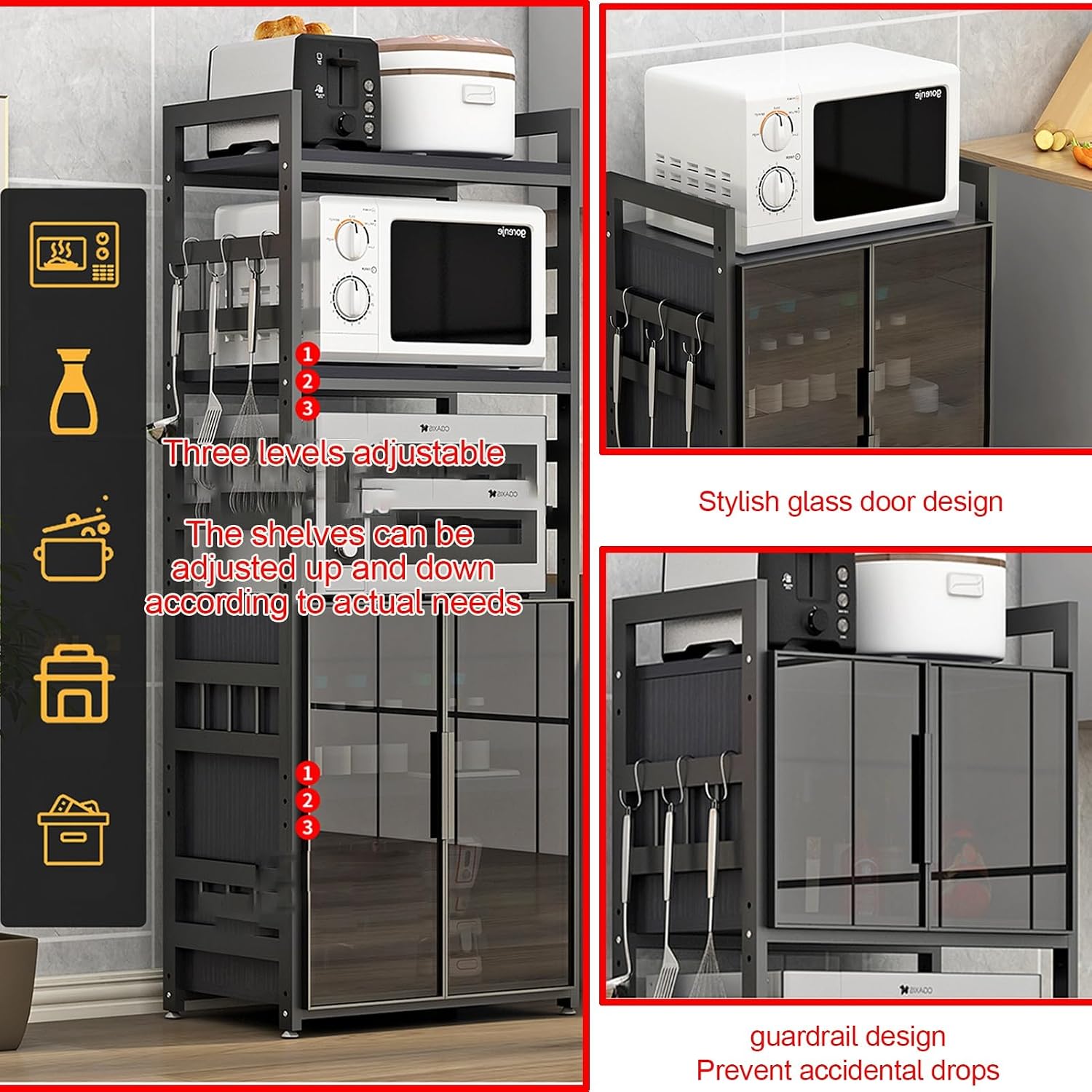Kitchen Storage Cabinet with Adjustable Shelves Glass Door and Microw Stand Freestanding Cupboard for Dining Room Living Room and Study Room Oven Rack and Bakers Rack Modern Storage Solution