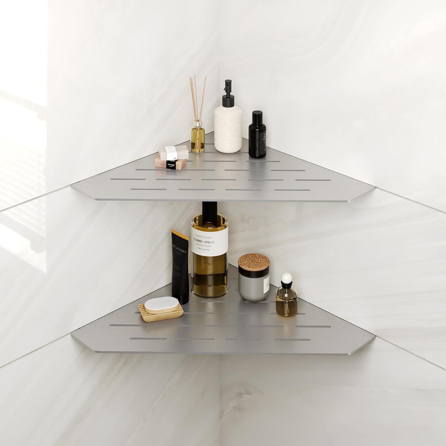 FerdY 2-Pack 10" Brushed Nickel Recessed Corner Shower Shelf, for Tiled Bathroom Walls, 304 Stainless Steel Floating Shelf, Shower Caddy Storage Shelves, No Drilling Required, Striped Diamond