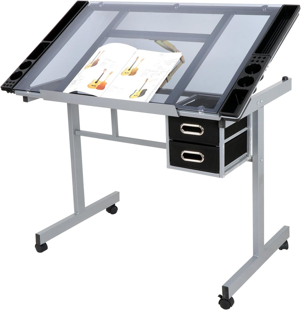 ZenStyle Glass Top Drafting Table with Storage, Adjustable Multifunctional Dr...
