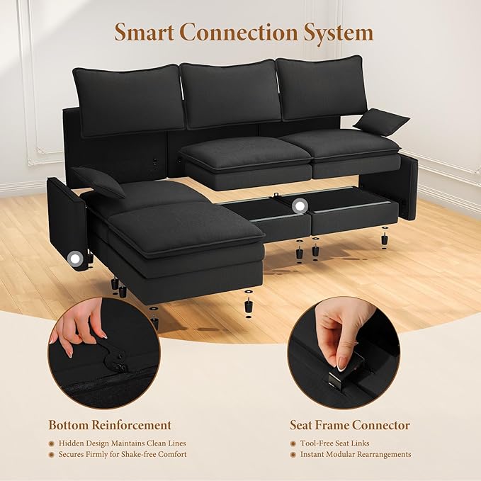 Vesgantti 142" U Shaped Sectional Couch, Comfy Cloud Modular Sectional Sofa with 2 Ottoman Deep Seat Chenille Modern Cloud Sofa, Modular Sofas for Living Room, Bedroom and Apartment, Black